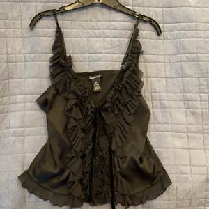 Ruffled black silk spaghetti strap top. Size L